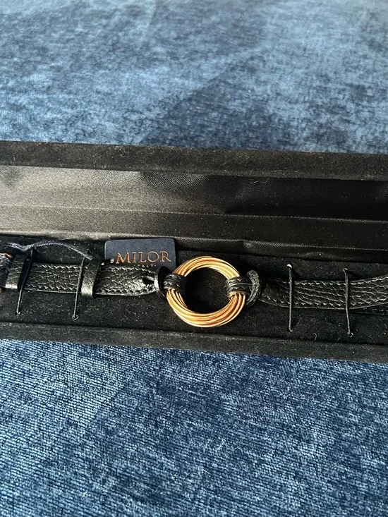 Milor Italy Bronze Leather Bracelet Black Strap Gold Tone Ring New in Box - Picture 14 of 16